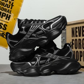 Men'S Fashion Black Platform Sneakers - Breathable Mesh and Durable EVA Sole with Cushioned Insole, Shock-Absorbing Running Shoes for All-Season Casual and Sports Wear, Men'S Low-Top Lace-Up Outdoor Dad Shoes in Black, Outdoor Walking, Active Lifestyle, Sporty Look, Stylish Footwear, Lightweight Construction, Comfortable Fit, Versatile Footwear, Fitness Enthusiasts, Active Men