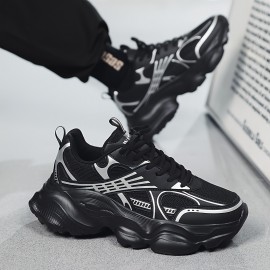 Men'S Fashion Black Platform Sneakers - Breathable Mesh and Durable EVA Sole with Cushioned Insole, Shock-Absorbing Running Shoes for All-Season Casual and Sports Wear, Men'S Low-Top Lace-Up Outdoor Dad Shoes in Black, Outdoor Walking, Active Lifestyle, Sporty Look, Stylish Footwear, Lightweight Construction, Comfortable Fit, Versatile Footwear, Fitness Enthusiasts, Active Men