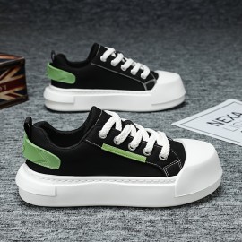 Men'S Summer Casual Low-Top Sneakers - Black & White with Green Accents, Breathable Fabric Lining, Durable Faux Sole, Lace-Up Round Toe Design for Casual Attire, Streetwear Shoes | Trendy Casual Shoes | Comfortable Footwear