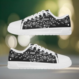 Customizable Black & White Musical Note Canvas Sneakers – Lightweight, Breathable Walking Shoes with Personalized Name Option – Perfect Gift for Music Teachers, Graduates, and Music Lovers, Teacher Appreciation Gift | Artistic Footwear | EVA Cushioned Sole, Fashion Sneakers