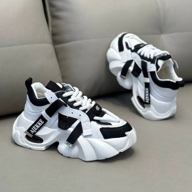Men'S Stylish Black & White Chunky Platform Sneakers with Lace-Up Closure, Thick Cushioned Sole, and Bold 