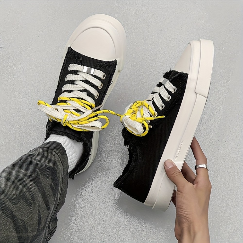 Men's Low-Top Canvas Skate Shoes - Black & White with Yellow Laces, Breathable Fabric Lining & Durable Rubber Sole, Lace-Up Round Toe Casual Sneakers for Streetwear, Sports, Daily Wear - All-Season Comfort
