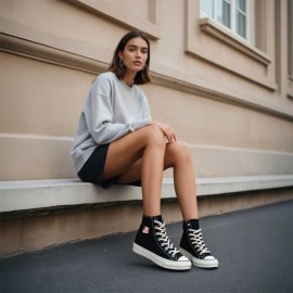 1pc High-Top Canvas Sneakers - Black with White Laces, Floral Pattern, Casual & Sporty Style, All-Season Wear, Lace-Up Closure, Rubber Sole, EVA Insole, Perfect for Hiking, Running & Everyday Use, Casual Footwear | Floral Pattern Sneakers | Durable Footwear