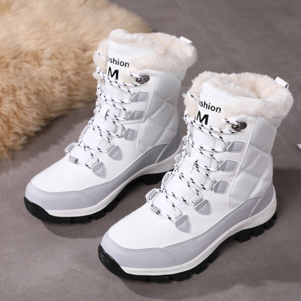 Women's Winter Snow Boots with Plush Collar & TPR Sole - Heavy-Duty Cold-Resistant Round-Toe Hiking Shoes, White & Black for Ice Traction, Warm Trekking Boots for Ice Skating, Snow Walking (Fashionable Outdoor Foot