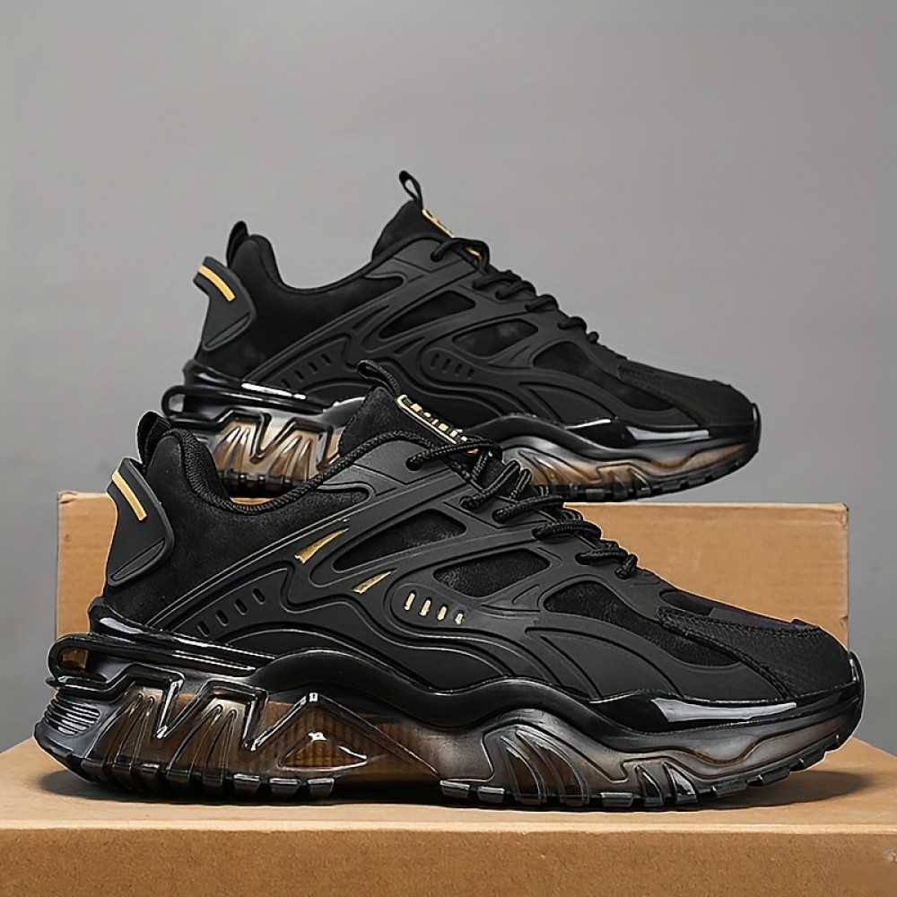 Women's Lightweight Running Shoes - Cushioned EVA Sole, Breathable Low-Top Sneakers in Black/Golden Accents for Gym, Jogging, Everyday - All-Season Sneakers with Arch Support, Gym Footwear, Sleek Design, Supportive Sole, Gym Goers