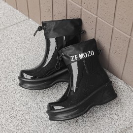 Women'S Chunky Platform Rain Boots with Adjustable Straps - Slip-Resistant PVC Sole, Beige Mid-Calf Outdoor Boots for Rainy Days, Casual & Commuting, Round Toe Design with EVA Cushioned Insole, Rain Gear, Rainy Day Footwear, Minimalist Boot Design, Fabric Lined Interior, Commuting Footwear, Stylish Rainwear, Durable Construction, Slipresistant Footwear, Commuters Rainwear