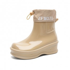 Women'S Chunky Platform Rain Boots with Adjustable Straps - Slip-Resistant PVC Sole, Beige Mid-Calf Outdoor Boots for Rainy Days, Casual & Commuting, Round Toe Design with EVA Cushioned Insole, Rain Gear, Rainy Day Footwear, Minimalist Boot Design, Fabric Lined Interior, Commuting Footwear, Stylish Rainwear, Durable Construction, Slipresistant Footwear, Commuters Rainwear