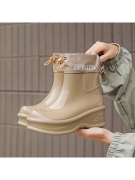 Women'S Chunky Platform Rain Boots with Adjustable Straps - Slip-Resistant PVC Sole, Beige Mid-Calf Outdoor Boots for Rainy Days, Casual & Commuting, Round Toe Design with EVA Cushioned Insole, Rain Gear, Rainy Day Footwear, Minimalist Boot Design, Fabric Lined Interior, Commuting Footwear, Stylish Rainwear, Durable Construction, Slipresistant Footwear, Commuters Rainwear