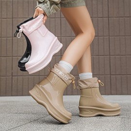 Women'S Chunky Platform Rain Boots with Adjustable Straps - Slip-Resistant PVC Sole, Beige Mid-Calf Outdoor Boots for Rainy Days, Casual & Commuting, Round Toe Design with EVA Cushioned Insole, Rain Gear, Rainy Day Footwear, Minimalist Boot Design, Fabric Lined Interior, Commuting Footwear, Stylish Rainwear, Durable Construction, Slipresistant Footwear, Commuters Rainwear