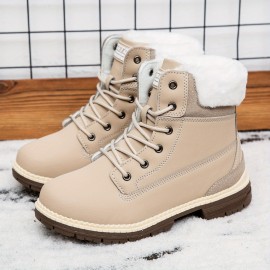Women's Winter Boots with Collar & Thick PU Sole - Round Toe Snow Boots for Ice, Snow & Slush, Beige/Tan Lacing-Up Ankle Boots, Warm Round-Toe Traction Tires (No Calf Restriction) - Cold Weather Footwear
