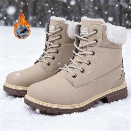 Women's Winter Boots with Collar & Thick PU Sole - Round Toe Snow Boots for Ice, Snow & Slush, Beige/Tan Lacing-Up Ankle Boots, Warm Round-Toe Traction Tires (No Calf Restriction) - Cold Weather Footwear
