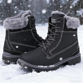 Women's Winter Boots with Collar & Thick PU Sole - Round Toe Snow Boots for Ice, Snow & Slush, Beige/Tan Lacing-Up Ankle Boots, Warm Round-Toe Traction Tires (No Calf Restriction) - Cold Weather Footwear