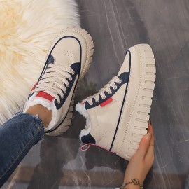 Women's High Quality Winter Snow Boots - Faux Fur Trim & EVA Cushioned Platform Moccasin-Style Lace-Up Ankle Boots with Arch, Multi-Color Options (Beige/Navy/Black/White) - Solid Color with White Laces & Red/Blue Trim, Soft Fabric Lining & Arch for Winter, Solid Upper & EVA Sole, Suitable for Ice & Snow - Casual & Semi-Formal Wear, Winter Boots for Women High Quality, Shiny Black Winter Boots with Beige Plush Lining Women, Snow Shoes, Lightweight Winter Shoes for Women,