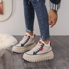 Women's High Quality Winter Snow Boots - Faux Fur Trim & EVA Cushioned Platform Moccasin-Style Lace-Up Ankle Boots with Arch, Multi-Color Options (Beige/Navy/Black/White) - Solid Color with White Laces & Red/Blue Trim, Soft Fabric Lining & Arch for Winter, Solid Upper & EVA Sole, Suitable for Ice & Snow - Casual & Semi-Formal Wear, Winter Boots for Women High Quality, Shiny Black Winter Boots with Beige Plush Lining Women, Snow Shoes, Lightweight Winter Shoes for Women,