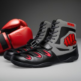 [Boxing Shoes] Breathable High-Top Boxing Training Shoes | Non-Slip Rubber Sole, Lace-Up Sports Boots for Gym & Martial Arts - Black with Red Accents