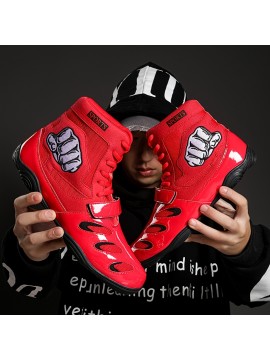 [Boxing Shoes] Breathable High-Top Boxing Training Shoes | Non-Slip Rubber Sole, Lace-Up Sports Boots for Gym & Martial Arts - Black with Red Accents