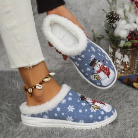 Women's Thickened Plush Slip-On Slippers with Arch Support & Non-Slip Sole - All-Season Indoor House Shoes, Soft EVA & Plush Lining, Winter Warmth, Cushioned Comfort, Blue & White Snowflake & Snowman Design with Heart & Snowflake Patterns - Elegant Winter Home Footwear, Durable PU Sole, Cozy House Shoes for Women, Ideal Christmas Gift (Blue/White/Red) - Slip-Resistant & Arch Support