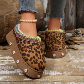 [Leopard House Slippers] Women's Cozy Fleece Slippers | Warm Winter Boots with Thick Rubber Sole, Soft Fabric Lining, Colorful Accents | Stylish Slipon Boots for Home or Outdoor