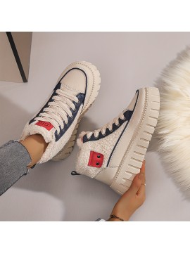 Women'S Winter Boots - High-Top Snow Boots with Thick Platform Sole, Beige/White/Red Accent - Cushioned EVA Outsole for Cold Weather, Slip-Resistant Traction - Warm Ankle Boots for Everyday & Formal Outfits - Easy-Clean Synthetic Cover Upper, Winter Shoes, Seasonal Footwear, Stylish Footwear, Comfortable Lining, Fashionconscious Women