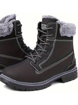 Women's Winter Boots with Collar & Thick PU Sole - Round Toe Snow Boots for Ice, Snow & Slush, Beige/Tan Lacing-Up Ankle Boots, Warm Round-Toe Traction Tires (No Calf Restriction) - Cold Weather Footwear