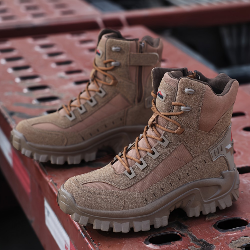 Men's All-Season Heavy-Duty Outdoor Hiking Boots with Thick Sole, Rugged Traction Tread & Muck-Resistant Design - Beige/Tan Mid-Calf Trekking Boots for Camping, Hunting,, (Adjustable, All-Terrain)