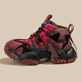 Men's Retro Color Block Running Shoes - Breathable, Non-Slip Athletic Sneakers with Rugged Tread for Hiking, Casual & Outdoor Wear - Purple, Gray & Brown Design, Versatile Running Shoes | Street Style Shoes | Robust PVC Sole