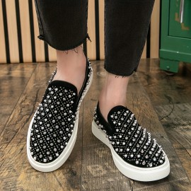 Men's Slip-On Rhinestone-Embellished Casual Shoes - Black & White Sparkle Low-Top Sneakers, Durable for Casual Attire & Parties