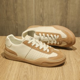 [Breathable Sneakers] Breathable Men's Slip-On Casual Sneakers | Low-Top Brown & White Colorway, PU Upper, Rubber Sole Comfortable Walking Shoes for Casual Attire, Classic Laceup Style | Durable Traction Footwear