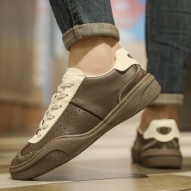 [Breathable Sneakers] Breathable Men's Slip-On Casual Sneakers | Low-Top Brown & White Colorway, PU Upper, Rubber Sole Comfortable Walking Shoes for Casual Attire, Classic Laceup Style | Durable Traction Footwear