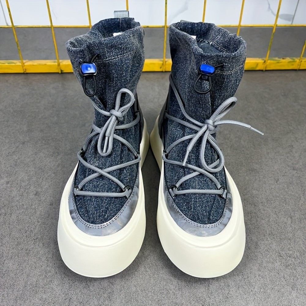 Men'S Trendy Mid-Top Canvas Sneakers with Pockets - Elastic Lace-Up, Thick Rubber Sole, All-Season Casual Shoes in Blue Jean Style, Comfortable Fashion Sneakers|Trendy Casual Shoes|Rubber Sole Sneakers