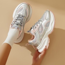 Women'S Breathable Mesh Running Sneakers with Thick Cushioned Platform Sole for Height Increase - Lightweight All-Season Casual Shoes, Grey & Pink Accents, Rubber Outsole, Fabric Lining, Sneakers
