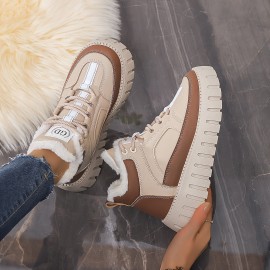 Women'S High-Top Winter Snow Boots with Thick Cushioned EVA Sole & Lace-Up Closure - PU Upper, Breathable Fabric Lining, Beige/White Casual Shoes for Casual Attire, Snowy Weather Footwear, Secure Laceup Footwear