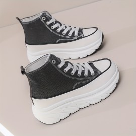 Women'S Platform Wedge Sneakers - Thick Cushioned Sole for Height & Support, All-Season Outdoor Walking Shoes with Synthetic Synthetic Faux Leather Upper, Durable PVC Outsole & EVA Insole - Black & White Casual Sneakers, Ladies Sneakers, Comfortable Footwear, Modern Footwear, Fabric Lined Interior, Supportive Footwear, Sporty Design, Breathable Fabric, Lifestyle