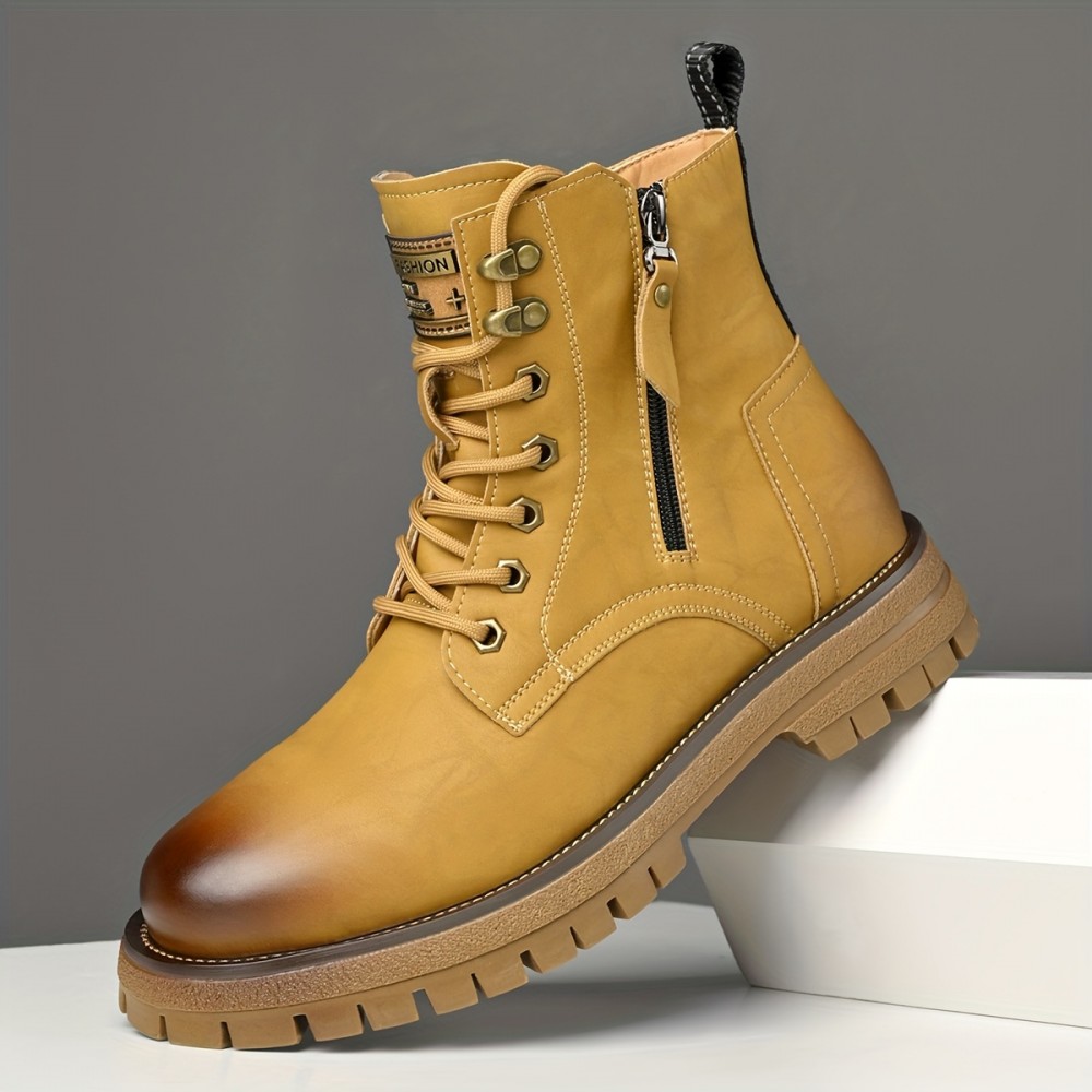 Men's Vintage Work Boots - Upper & Rubber Sole High-Top Ankle Boots with Cushioned Insole, All-Terrain Traction - Brown/Black/Black Toe - All-Season Casual & Formal Boots for Construction, Farm, Casual Attire - Lace-Up Design with PU Lining & Durable Rubber Outsole -  Style for Daily Outings & Outdoor Activities - Versatile & Comfortable for Men, Boots For Men, Shoes For Men