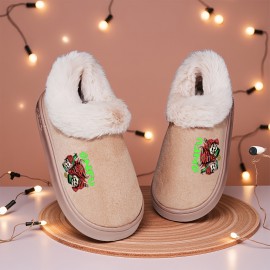 Women'S & Men'S Plush Indoor Slippers - Soft Anti-Slip Winter House Shoes with Devil Horns & Green Text, Cozy Plush Lining & EVA Sole