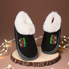 Women'S & Men'S Plush Indoor Slippers - Soft Anti-Slip Winter House Shoes with Devil Horns & Green Text, Cozy Plush Lining & EVA Sole