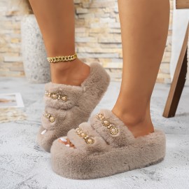 [Plush Slippers] Comfortable Women's Plush Slippers with Thick Sole | Black Faux Fur Slip-Ons, Golden Chain Detail, All-Season Indoor/Outdoor Use, Casual Style, Decorative Chain Detail, House Slippers