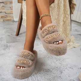 [Plush Slippers] Comfortable Women's Plush Slippers with Thick Sole | Black Faux Fur Slip-Ons, Golden Chain Detail, All-Season Indoor/Outdoor Use, Casual Style, Decorative Chain Detail, House Slippers