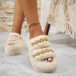[Plush Slippers] Comfortable Women's Plush Slippers with Thick Sole | Black Faux Fur Slip-Ons, Golden Chain Detail, All-Season Indoor/Outdoor Use, Casual Style, Decorative Chain Detail, House Slippers