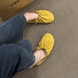 Women's Low Heel Slippers - Flat Closed Toe Summer Sandals with Rubber Cover Upper, Breathable EVA Insole & Non-Slip Rubber Sole, Natural Wrinkle Design Mustard & Brown for Casual Comfort, Everyday Sandals | Lowheel Sandals | Suedelike Upper