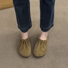 Women's Low Heel Slippers - Flat Closed Toe Summer Sandals with Rubber Cover Upper, Breathable EVA Insole & Non-Slip Rubber Sole, Natural Wrinkle Design Mustard & Brown for Casual Comfort, Everyday Sandals | Lowheel Sandals | Suedelike Upper