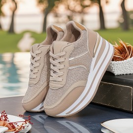 [slope heel thick-soled shoes] Women's casual sneakers | outdoor slope heel, thick-soled, off-road running shoes, female student shoes, all seasons, black, Silvery gray, khaki