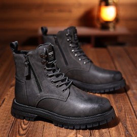 Men's Vintage Work Boots - Upper & Rubber Sole High-Top Ankle Boots with Cushioned Insole, All-Terrain Traction - Brown/Black/Black Toe - All-Season Casual & Formal Boots for Construction, Farm, Casual Attire - Lace-Up Design with PU Lining & Durable Rubber Outsole -  Style for Daily Outings & Outdoor Activities - Versatile & Comfortable for Men, Boots For Men, Shoes For Men